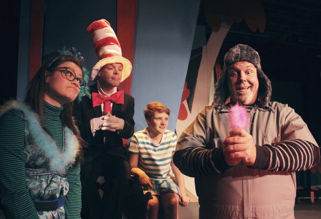 Harwich Junior Theatre production of "Seussical": Caitlin Mills as Gertrude; Troy Davies as Cat in The Hat; Thea Goldman as Jojo and Daniel Fontneau as Horton the Elephant.
