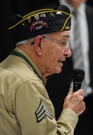 World War II veteran Tom Ruggiero of Plymouth speaks to students at Plymouth South Middle School on Friday morning as U.S. Rep. William Keating, D-Mass., debuted a video featuring local veterans, including Ruggiero.