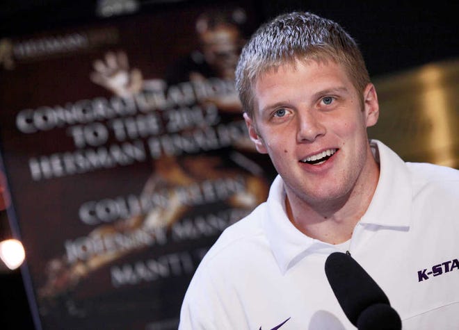 Kansas State quarterback Collin Klein is interviewed during a media availability in New York on Saturday, Dec. 8. Klein was one of three finalists for the Heisman Trophy.