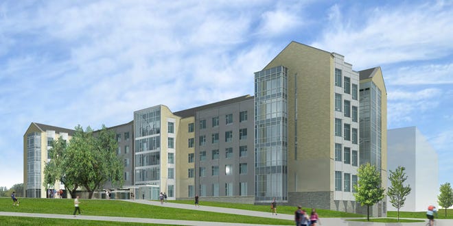 An artist’s rendering shows what a planned new University of Missouri residence hall will look like from Virginia Avenue. The five-story hall will be between College and Virginia avenues.