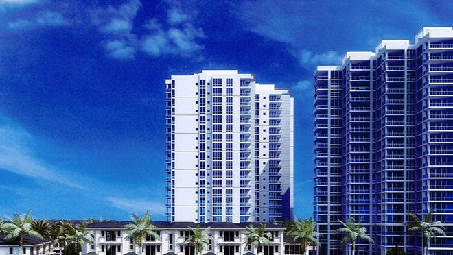This artist’s rendering suggests how the twin towers of the Water Club, proposed for a site along U.S. 1 in North Palm Beach, would look.