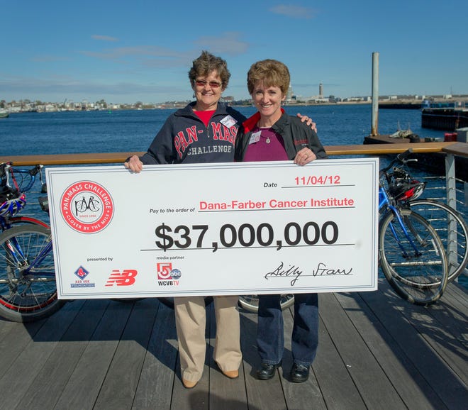 Shown, l to r, are Claudia Worth, of Boxford and Dolly McIlvaine, of Topsfield, two of the 30 Tri-Towners who rode in the Pan Mass Challenge last August.