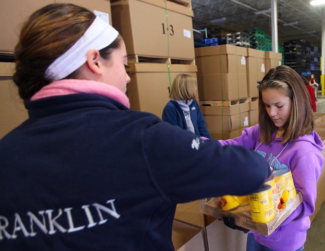 Katie McNeil a freshman at Franklin High School and Sara Doherty, a Franlin middleschooler, volunteer for community service at the annual Friends of Franklin food drive and gift drive to deliver to 207 needy families in Franklin.