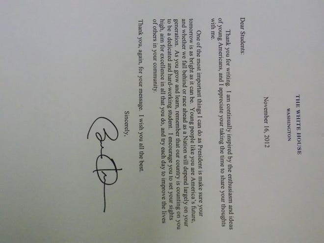 The letter President Obama responded with to the LOES fourth grade Magnet class, an autographed picture of the president, map of the White House and information on Bo, the First Dog.