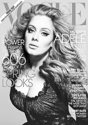 Associated Press In this magazine cover image photographed by Mert Alas and Marcus Piggott and released by Vogue, singer Adele is shown on the cover of the March issue of "Vogue."