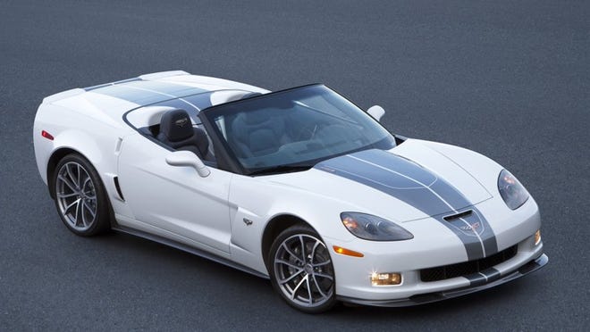 The 2013 Chevrolet Corvette Grand Sport Convertible is available with a 60th anniversary package that features a wide, blue stripe across the car.