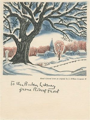 In this photo provided by Dartmouth College, one of Robert Frost's Christmas cards is seen. Famed poet Frost once waited until July to send his Christmas cards. (AP Photo/Dartmouth College)