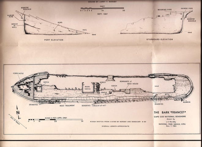 A detailed map of the shipwreck Frances was drawn during Project Seamark in the 1980s, when divers from the Navy and the National Park Service teamed up to survey the Park’s submerged cultural resources. The 199-foot, 487-ton merchant bark had sailed from Java and Singapore and was heading for Boston with her cargo when she ran aground in a storm on the Truro shore on Dec. 27, 1872.