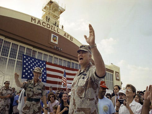 In this April 22, 1991 file photo, General H. Norman Schwarzkopf waves to the crowd after a military band played a song in his honor at welcome home ceremonies at MacDill Air Force Base in Tampa, Fla. Schwarzkopf died Thursday, Dec. 27, 2012 in Tampa, Fla. He was 78. (AP Photo/Lynne Sladky, File)
