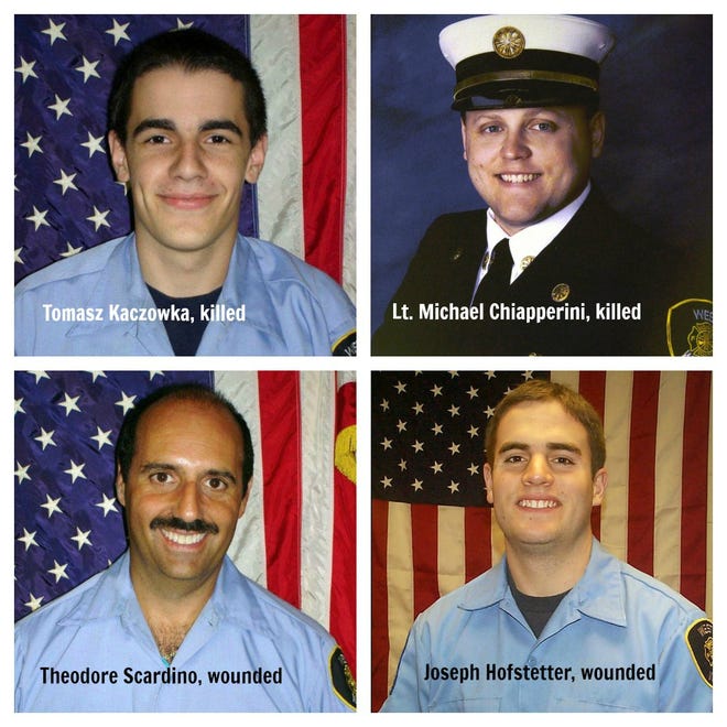 Webster, N.Y. firefighters killed or wounded included, from top, left to right: Tomasz Kaczowka, Michael Chiapperini, Theodore Scardino and Joseph Hofstetter.