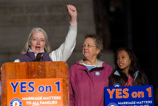 In this Nov. 1, 2012 file photo, Sarah Dowling, left, speaks at a gay marriage rally, accompanied by her partner of 18 years, Linda Wolfe, and their daughter, Maya Dowling-Wolfe, in Portland, Maine. Dowling and Wolfe plan to marry after Maine passed a law allowing same-sex marriage, which takes effect at 12:01 a.m., Saturday, Dec. 29, 2012.