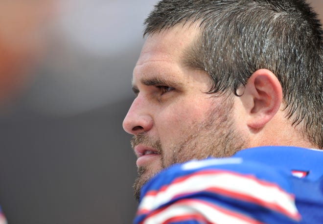 This Sunday, Sept. 23, 2012 photo shows Buffalo Bills guard Andy Levitre during an NFL football game against the Cleveland Browns in Cleveland. Levitre has never missed a game - let alone a start - during his four years with the Buffalo Bills He will make it 64 straight on Sunday, Dec. 30, 2012 when the Bills close their season against the New York Jets. What Levitre isn't sure of is whether it will be his final one with Buffalo with his contract set to expire. (AP Photo/David Richard)