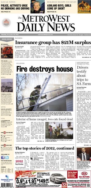 MetroWest Daily News front page 12/29/12
