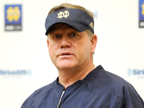 Notre Dame coach Brian Kelly speaks at a press conference following practice Saturday. (Joe Raymond | Associated Press)
