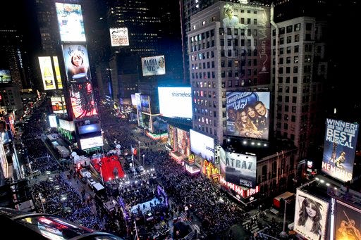In this Dec. 31, 2011 file photo, the crowd packs New York's Times Square during the New Year's Eve celebration as seen from the Marriott Marquis hotel. It’s no small task making sure the annual celebration remains safe, but the New York City police use an array of security measures for the event that turns the "Crossroads of the World" into a massive street party in the heart of Manhattan.