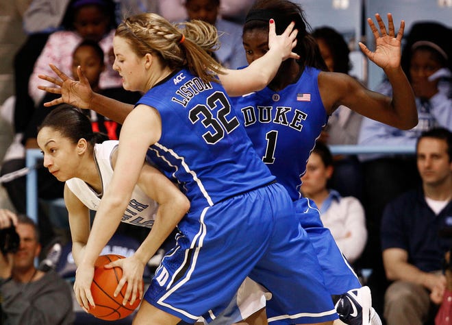 Associated Press Duke's Tricia Liston (32) and Elizabeth Williams, rear, pressure North Carolina guard and former Forestview standout Shannon Smith during the second half of a Feb. 26 game in Chapel Hill. Smith now plays for Trinity Valley, Tex. Community College.