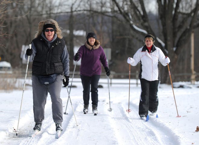 Monday was an ideal day for snow recreation around the Poconos, and Glen Brook golf course was an ideal spot for cross country skiing. From left, Tricia Fellman of Stroudsburg, Maureen Krinsky of East Stroudsburg and Karla Malanga also of Stroudsburg, spent part of the day on their skis at the golf course. “It’s a perfect winter day and a great day to be doing this,” Fellman said.