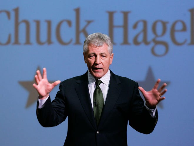 In this Feb. 21, 2007, file photo, then-Sen. Chuck Hagel, R-Neb., speaks during an appearance at Bellevue University, in Bellevue, Neb. President Barack Obama will nominate Hagel as his next defense secretary, a senior administration official said Sunday, Jan. 6, 2013. The selection of the decorated Vietnam combat veteran sets up a potentially contentious confirmation hearing because Hagel has come under scrutiny from his former colleagues over his positions on Israel and Iran. Some Republicans already have declared their public opposition to Hagel replacing Pentagon chief Leon Panetta in Obama's second-term Cabinet.