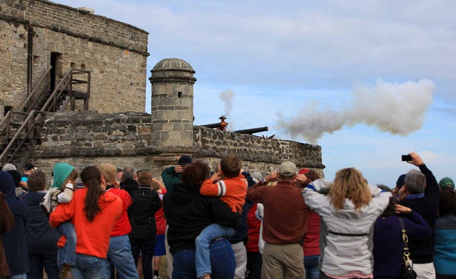 Visitors to Fort Matanzas National Monument, in southern St. Johns County, cover their ears as reenactors fire a canon during a living history day on Saturday, January 5, 2013. By DARON DEAN, daron.dean@staugustine.com