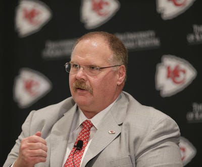 New Kansas City Chiefs NFL team head football coach Andy Reid will bring his team to Philadelphia to play the Eagles in the third week of the season. First the Eagles will open the season in Washington against the Redskins on Monday night, Sept. 9 then host the Chargers. (AP Photo/Charlie Riedel)