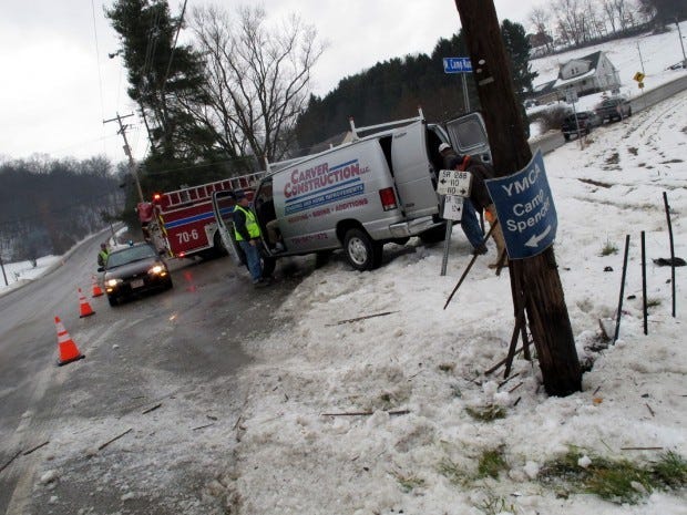 A man injured in a traffic accident had to wait more than a half-hour to be transported to an area hospital because of icy road conditions Wednesday morning. The man, an employee of Carver Construction of New Brighton, hit a utility pole about 10 a.m. along Route 288 at North Camp Road in Franklin Township. Franklin Township volunteer firefighters were at the scene until the accident was cleared.