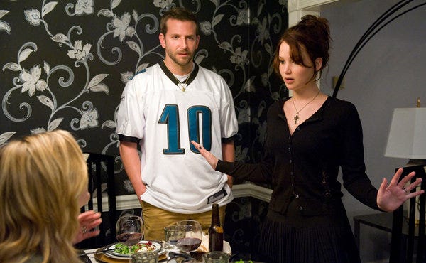 Bradley Cooper, left, and Jennifer Lawrence are expected to be receive Oscar nominations for the 2012 film "Silver Linings Playbook," when the Academy Award finalists are announced Thursday morning.