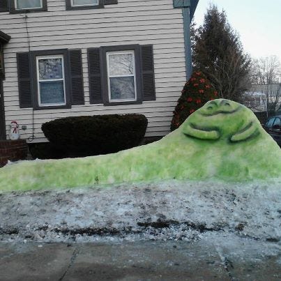 Harvey Eno, of Milford, created a Jabba the Hutt snow sculpture on his front lawn.