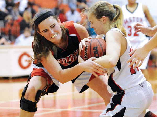 Westbrook’s Chloe Sanders and Gaston’s Destiny Allen battle for possession during Friday’s game.