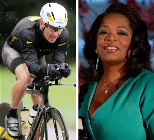 FILE - This combination image made of file photos shows Lance Armstrong, left, on Oct. 7, 2012, and Oprah Winfrey, right, on March 9, 2012. Armstrong plans to admit to doping throughout his career during an upcoming interview with Oprah Winfrey, USA Today reported late Friday, Jan. 11, 2013.