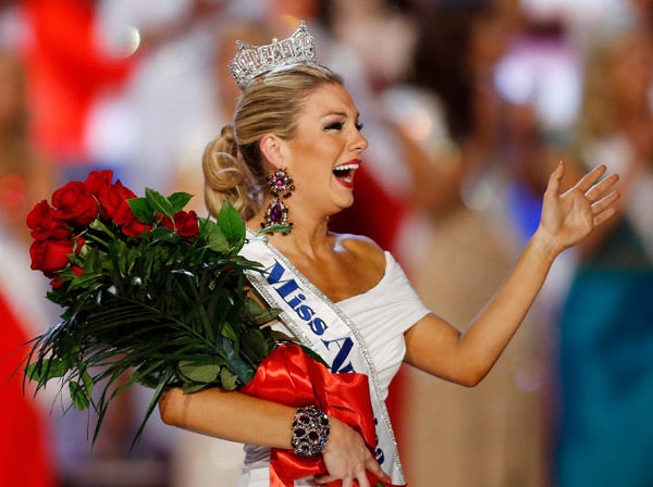 Isaac Brekken | Associated Press
Miss New York Mallory Hagan waves Saturday after she was crowned Miss America.