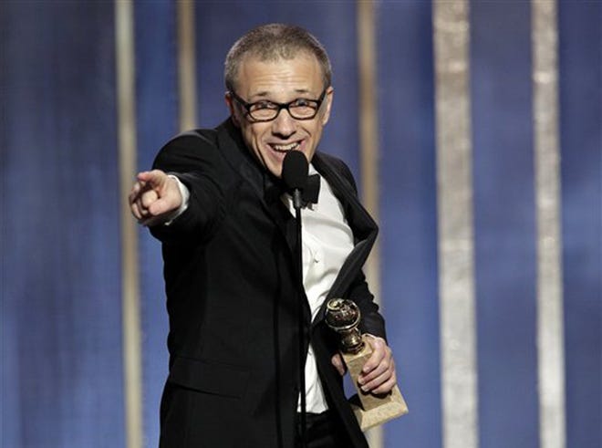 This image released by NBC shows Christoph Waltz, winner of the best supporting actor in a film for his role in "Django," on stage during the 70th Annual Golden Globe Awards held at the Beverly Hilton Hotel on Sunday, Jan. 13, 2013, in Beverly Hills, Calif.