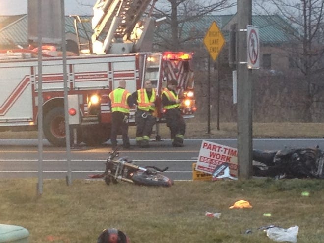 Firefighters at the scene of a motorcycle accident on Route 38 in Mount Laurel