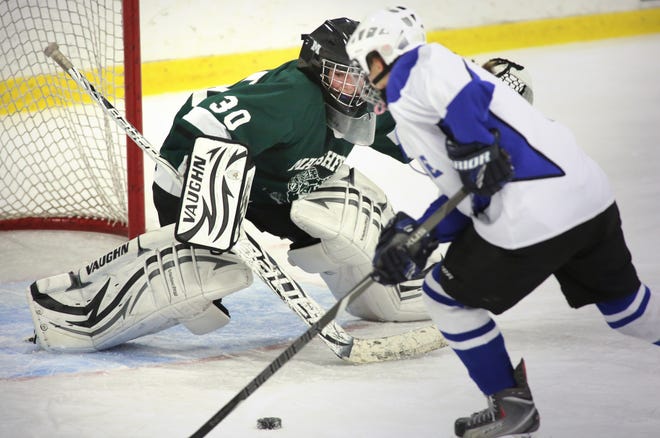Scituate's Gabby Lopez sets up for a shot on Marshfield goalie Taylor Newcomb in a high school girls hockey game played at Pilgrim Arena in Hingham, Monday, Jan 14, 2013.