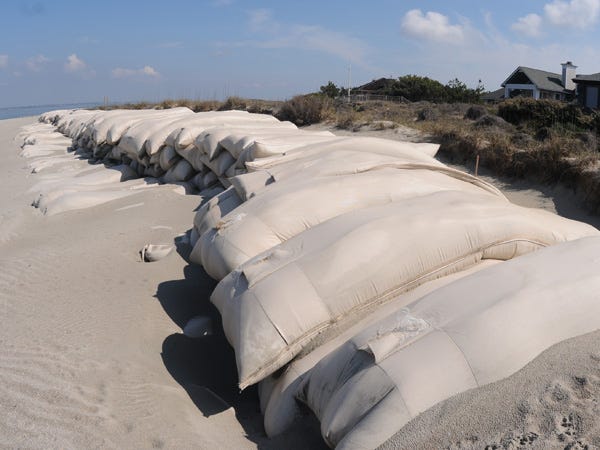 Sandbags sit on the south beach of Bald Head Island Island on March 20 2012.