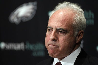 Philadelphia Eagles owner Jeffrey Lurie pauses while speaking to members of the media during a news conference at the team's NFL football training facility, Monday, Dec. 31, 2012, in Philadelphia.  (AP Photo/Matt Rourke)