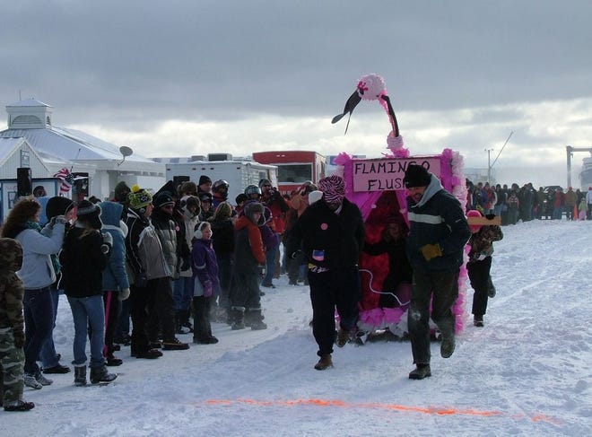 The Outhouse Races are an annual highlight of Mackinaw City’s Winterfest celebration, set for this weekend. The outhouses must have four persons to push or pull the outhouse with one person seated inside on a toilet seat.
