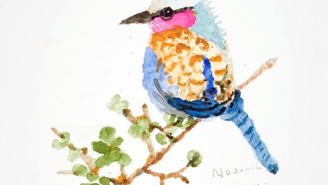 “Blue Bird of Happiness” is a 16 inch by 12 inch watercolor by Dina Merrill.