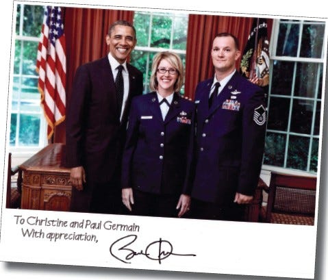 Paul Germain and his wife,wife Christine,Christine who also serves in the Air Force, with President Obama.