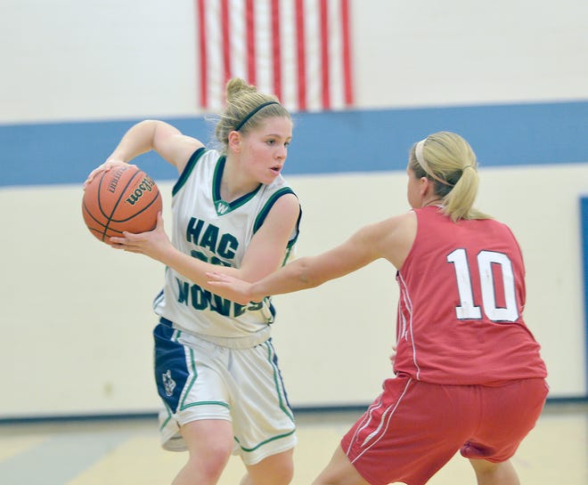 HAC's Abby O'Keefe (33) tries to get around the Red Jacket defense.