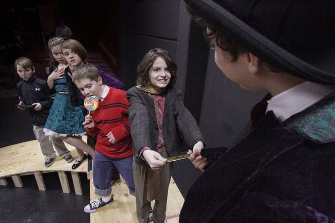 From left to right, Jared Six, Bella Gills, Morgan Brown, Elden Mortensen, Drake Spina, and Ej Dubinsky portray the main characters in the Players Guild Theatre’s production of Charlie And The Chocolate Factory.