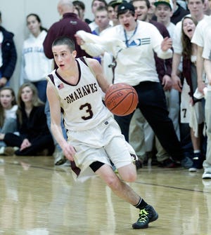 Algonquin's Brandon Lukoff runs the ball up court during the Tomahawks' loss Friday to Wachusett. Lukoff had 13 points in the loss.