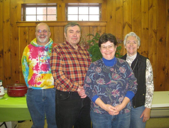 The Portsmouth Garden Club welcomed Guest speaker Cindy Tibbetts and her husband Brian Tibbetts of Hummingbird Farm Greenhouses, Turner, ME to discuss "Clematis- the Queen of the Flowering Vines". We learned the 4 P's- Plant selection, Placement, Planting and Pruning in a powerpoint presentation. Pictured here are from L to R: PGC Club President Jim Melfi, Brian Tibbetts, Cindy Tibbetts, Ann Radwan, PGC Program Chair. For more information please check out: http://hummingbirdfarm.net or www.portsmouthnhgardenclub.com