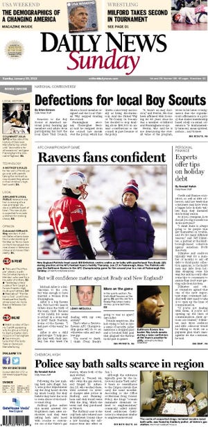 Front page of the Milford Daily News for 1/20/13.