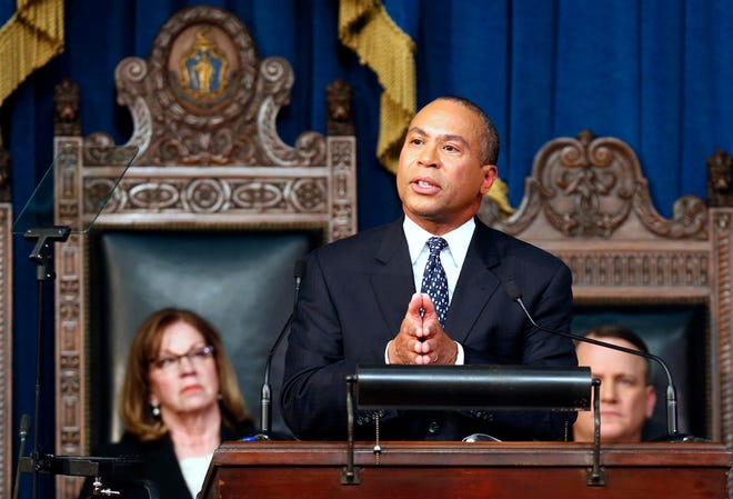 Massachusetts Gov. Deval Patrick delivers his State of the State address in the House Chambers at the Statehouse in Boston, Wednesday, Jan. 16, 2012. (AP Photo/Michael Dwyer)