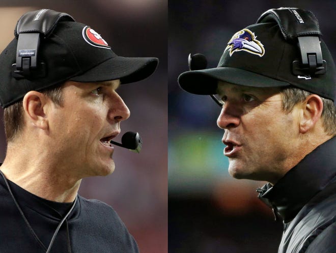 It'll be Harbaugh vs. Harbaugh when big bro John, right, and his Baltimore Ravens (13-6) play little bro Jim's San Francisco 49ers (13-4-1) in the Super Bowl at New Orleans in two weeks.