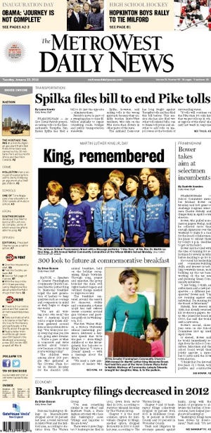 The front page of the 1/22/13 MetroWest Daily News.