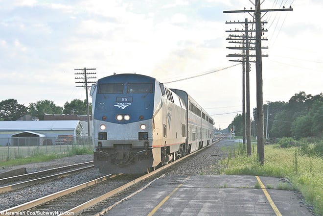 Three Amtrak Superliners of the eastbound Carl Sandburg pull into the station in Kewanee from the west in this warm-weather online photo. Representatives of towns along the Quincy-Chicago rail corridor, including Kewanee, held their second meeting this week to discuss ways to improve business along the route.