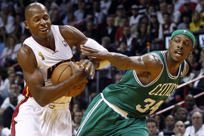 Former teammates Paul Pierce, right, and Ray Allen will be on opposite sides today when Allen returns to TD Garden today as the Heat take on the Celtics, losers of their last six games.