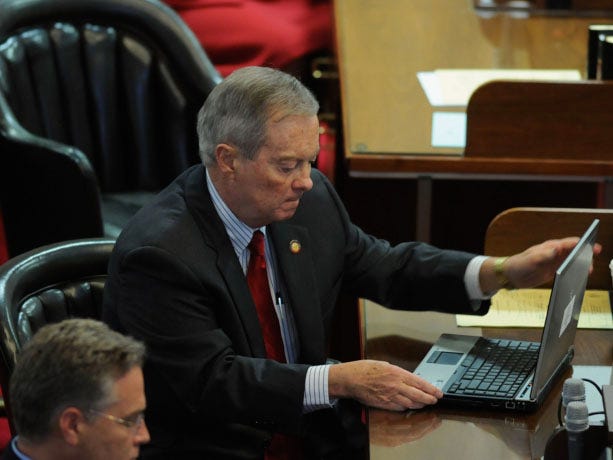 Rep. Frank Iler, R-Brunswick, at work during the first day of the legislative session in Raleigh on Wednesday, Jan. 30, 2013.