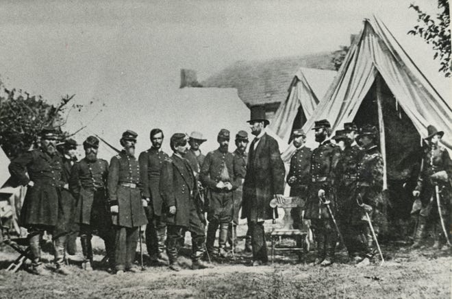 President Lincoln with his generals after Antietam in 1862.